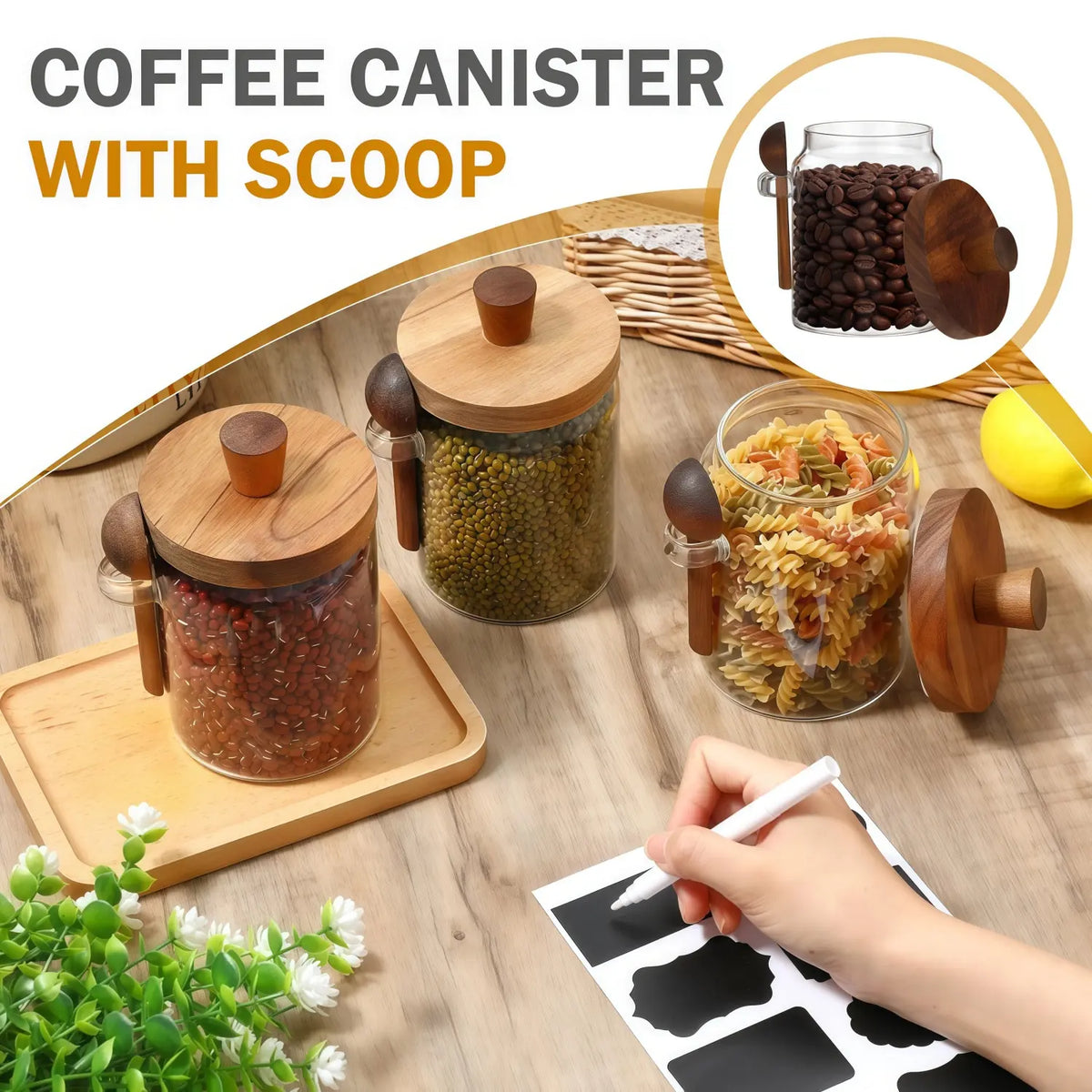 Elevate Your Kitchen with 20.3Oz Airtight Glass Food Storage Jars - Stylish Bamboo Wood Lid & Spoon for Coffee, Tea, and More - Perfect Mother’s Day Gift!