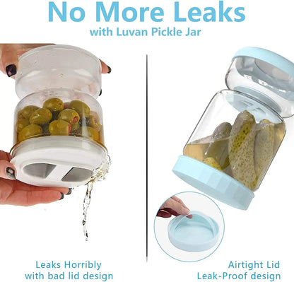 LUVAN 34Oz Glass Pickle Jar with Strainer Flip - Leakproof Airtight Kitchen Storage for Olives, Jalapenos, and Sliced Pickles - Dishwasher Safe Hourglass Design