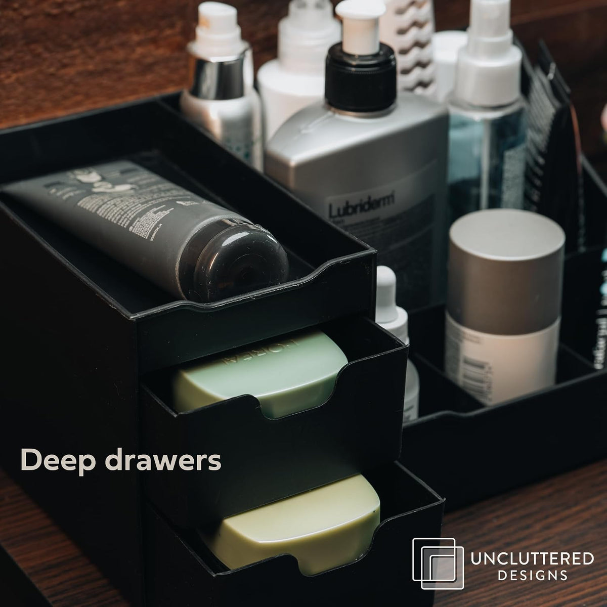 Elevate Your Grooming Routine with the Large Black Cosmetic Organizer - Perfect Multi-Drawer Storage for Aftershave, Deodorant, Beard Care, and More!