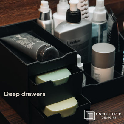 Elevate Your Grooming Routine with the Large Black Cosmetic Organizer - Perfect Multi-Drawer Storage for Aftershave, Deodorant, Beard Care, and More!